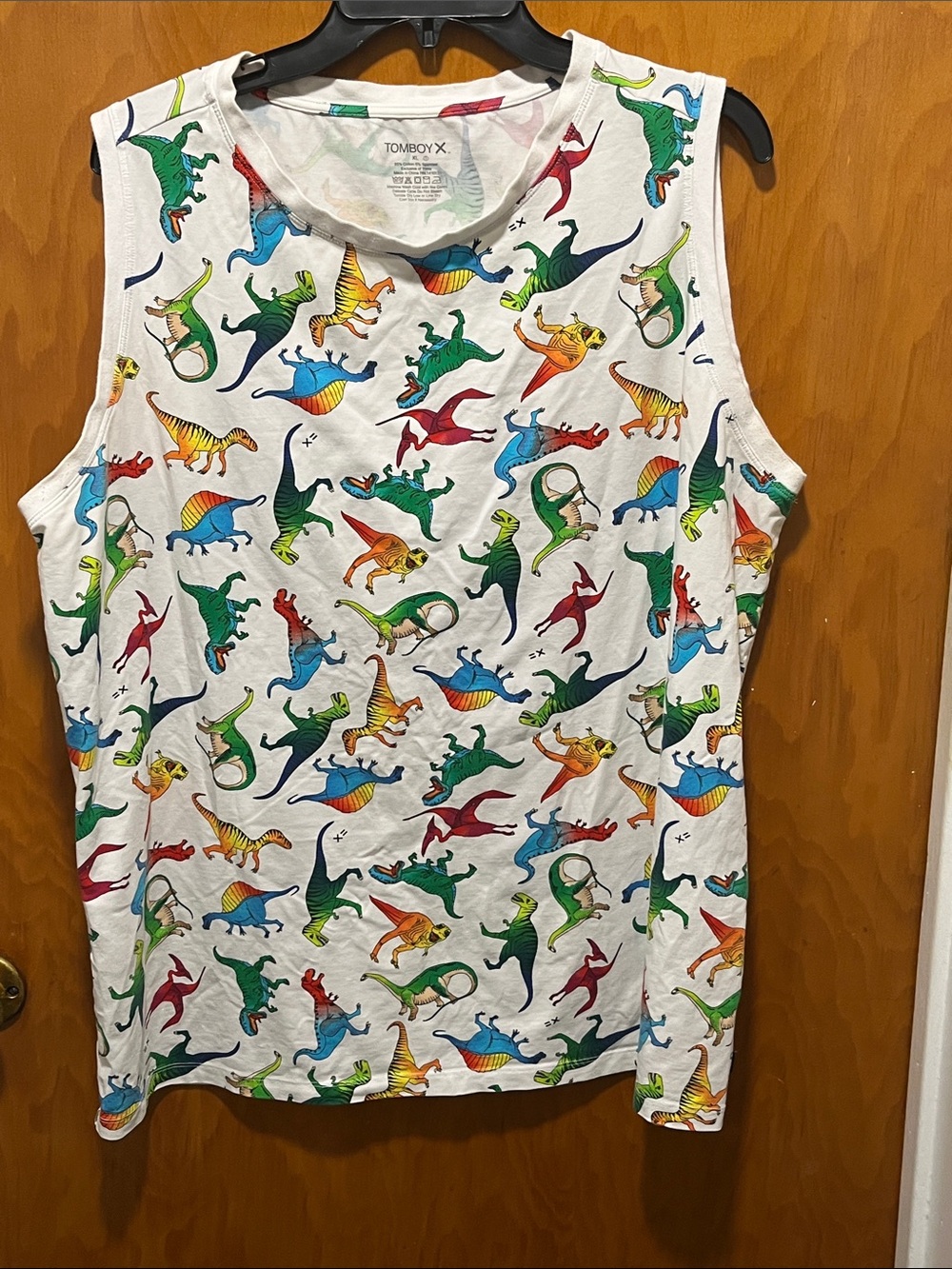 TomboyX White Tank Top with Multicolor Dinosaur Print